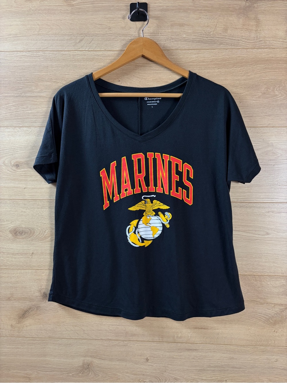 Champion USMC Marine Corps Graphic Tee Black V-Neck Size L